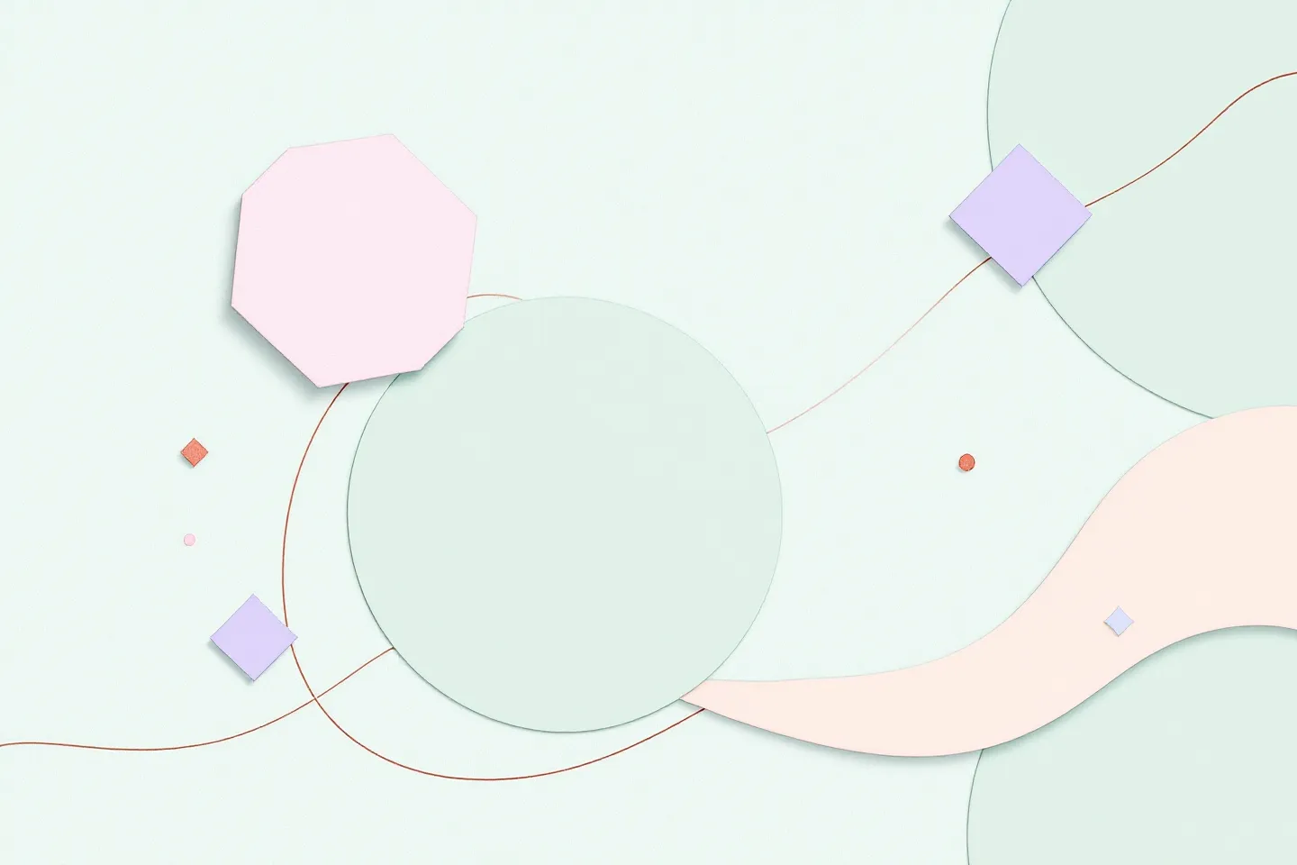 Geometric pastel composition with sky circle, mint rounded-square, pink hexagon, lavender diamonds and purple dots on a sage-mint ground